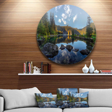 Mountain Lake Surrounded by Trees - Landscape Circle Metal Wall Decor